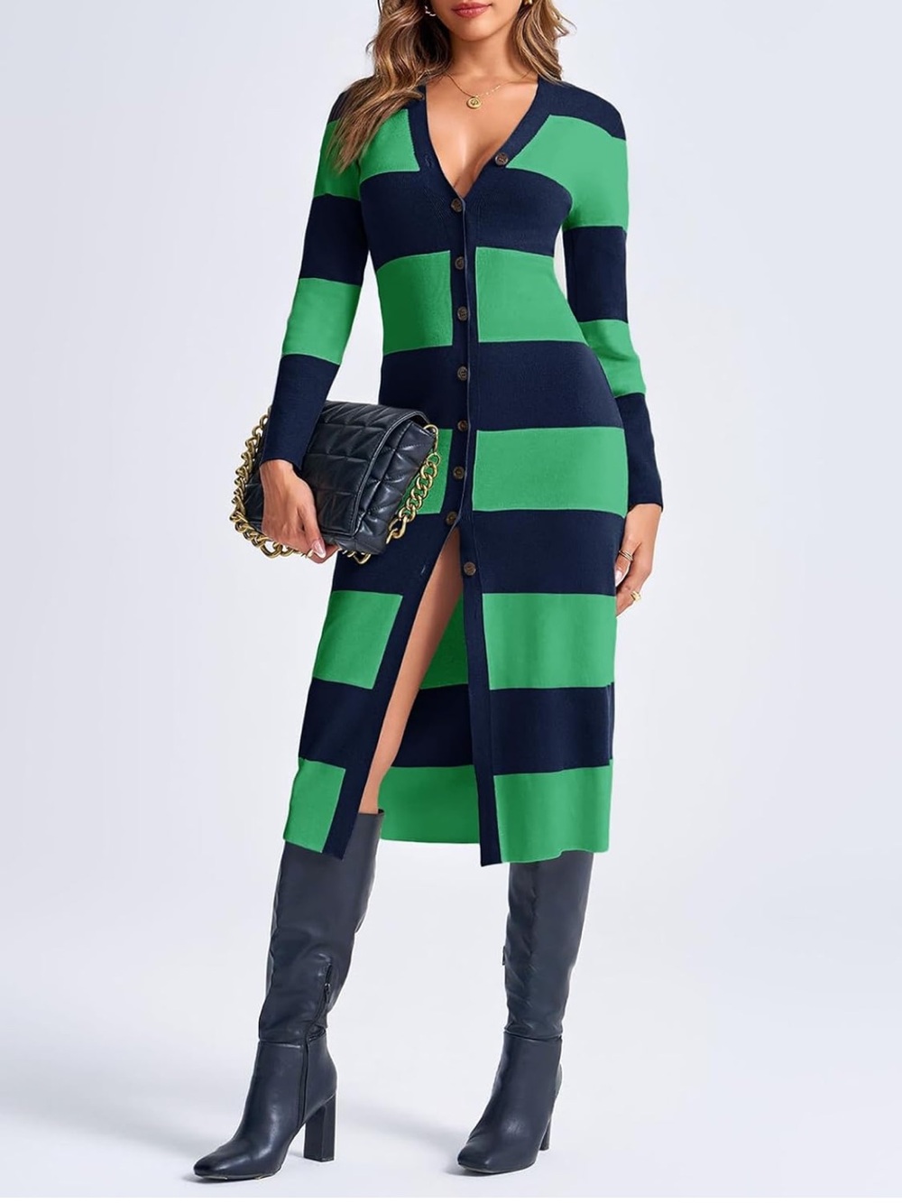 Striped V-Neck Button-Front Midi Dress Cardigan in Kelly Green and Navy